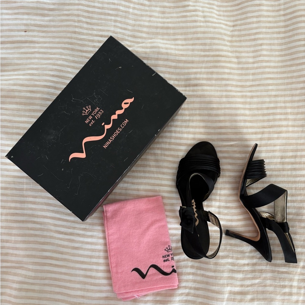 Nina Black Satin Heels with Bow Accent - image 3